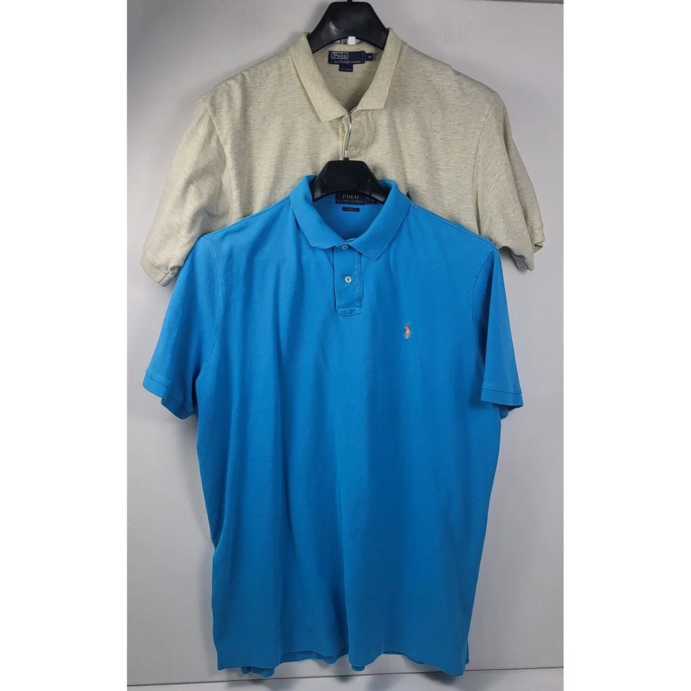 2 Polo Ralph Lauren Polo Shirt Classic Fit Casual Short Sleeve mens XXL Blue Tan